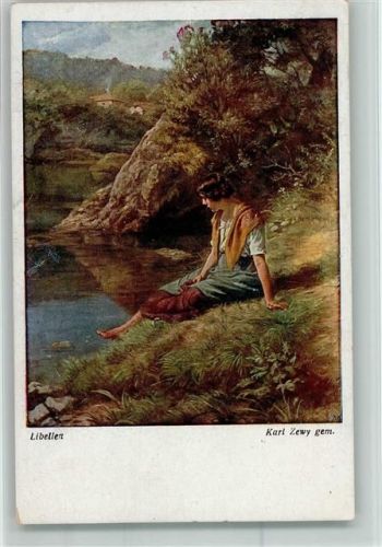 sign Zewy - Libellen - Frau sitzt am Teich AK