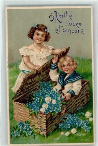 1909 Kinder Matrosenanzug Korb mit Vergißmeinnicht und Maiglöckchen