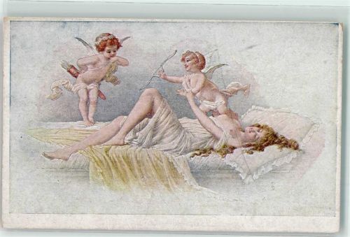 Pfeil und Bogen Frau liegt auf dem Bett Erotik Verlag H.Ch. Vienne Nr. 17/20 Amor Künstlerkarte