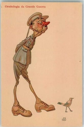 1937 Karikatur Ornitologia de Grande Guerra sign. ZE Karikatur Soldat und ein Vogel