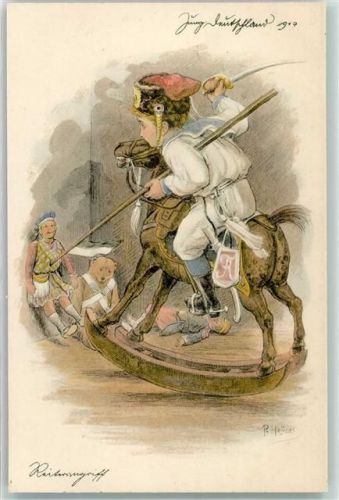 1914 Jungdeutschland Teddybär Schaukelpferd Reiterangriff sign. Paul Heydel Karikatur Verlag Stengel 49353