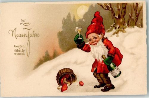 Kupferberg Sekt Zwerg Pilz Neujahr Alkoholwerbung Lithographie / Künstlerkarte