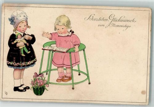 Glückwunsch Kinder Puppe Blumen Meissner u. Buch Serie 2611 Namenstag Gebrauchsspuren