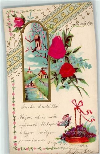 1903 mit echt Stoff Applikation Schmetterling Vergissmeinicht Vogelkasten