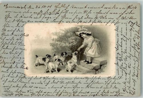 1901 Mädchen füttert vier Hundewelpen Lithographie ESD Serie 806