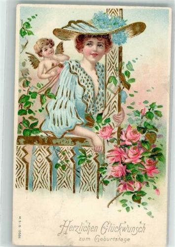 Amor Hutmode Rosen Lithographie Meissner u. Buch Nr 13586 Geburtstag 1908 Prägedruck