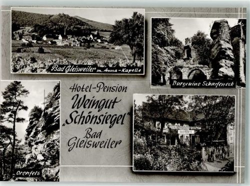 76835 W6741 Gleisweiler Foto AK Hotel Weingut Schönsiegel Burg Ruine Scharfeneck Foto Metz