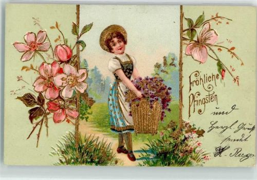 1904 Blüten Golddruck Kind Mädchen in Tracht Korb mit Blüten