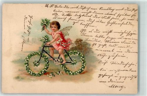 1901 mit Glimmer/Glitzerauflage Fahrrad mit Maiglöckchen Engel Elfe