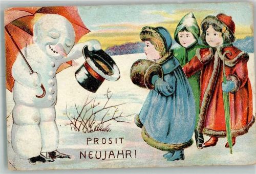 Prägedruck Zylinder Regenschirm Kinder Muff Regenschirm Neujahr Schneemann 1912 Gebrauchsspuren