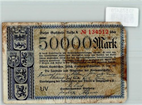 Stolberg 1923 Notgeldschein Fünfzigtausend Mark Handelskammer Stolberg Wappen KEINE AK