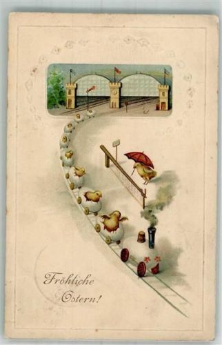 Eisenbahn aus Eierhälften, besetzt mit Küken Osterei 1912 Prägedruck
