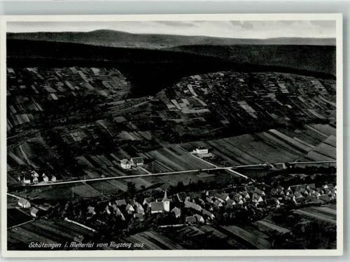 Schützingen 1936 Fliegeraufnahme des Ortes im Mettertal mit Kirche St. Ulrich