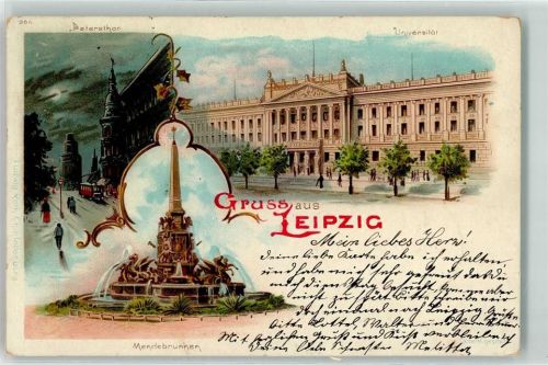 Leipzig 1900 Lithographie Universität Mendebrunnen Peterstor Mondschein