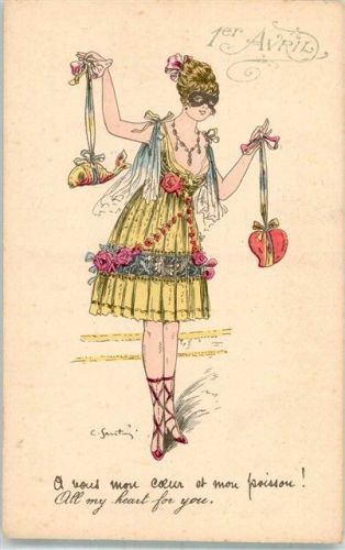 Frau mit Fisch und ein Herz am Schleifenband sign. C. Santini Aquarelles feminines Nr. 3,036