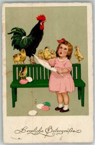 1927 Kind beim Singen, Hahn und Küken Verlag Begro 7697