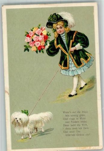 1900 Mädchen Rosenstrauß Hund Gedicht