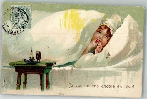 1907 Je vous ceris encore en reve Kind im Bett , Zündhölzer bei der Kerze