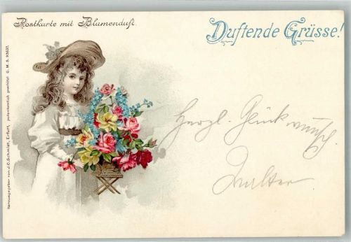 Blumenduft Mädchen mit versch. Blumen Verlag Schmidt/Erfurt + Adelskorrespondenz Duftkarte 1899 Lithographie