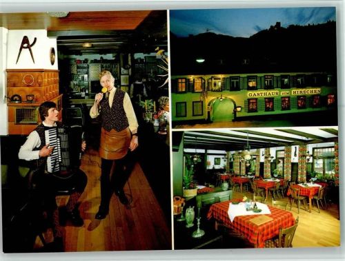 Waldkirch Gasthaus zum Hirschen Innenaufnahmen Gastraum Sänger mit Ziehharmonika-Begleitung Beleuchtung 3-Bildaufnahme