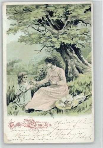 Picknick Mutter mit Kind - Blumen pflücken - 1905 Litho Ak