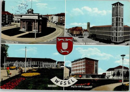 Wesel Berliner tor Rathaus mit Hohestraße Bahnhof Partie am Kaiserhof Wappen 4-Bildaufnahme