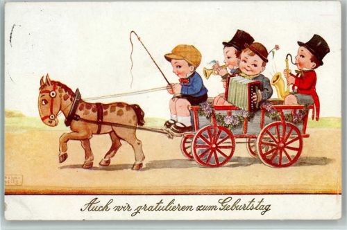 Geburtstag- Bauernwagen mit Kindern die musizieren, Zieharmonika 1938 AK