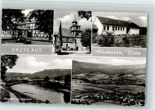 37281 W3442 Altenburschla - Gemeindeschänke Kirche Schule Werrablick mit Heldrastein Gesamtansicht Mehrfachaufnahme
