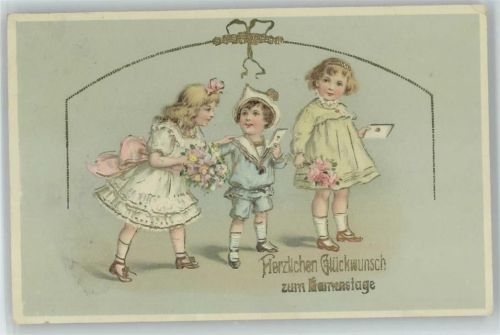 Golddruck - Kinder mit Briefe und Blumen