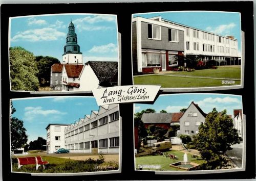 Langgöns Kirchpartie Schule Freyapalast Grünanlage Springbrunnen 4-Bildaufnahme
