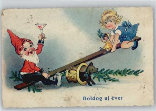 Neujahr - Wippe mit Puppe und Mädchen
