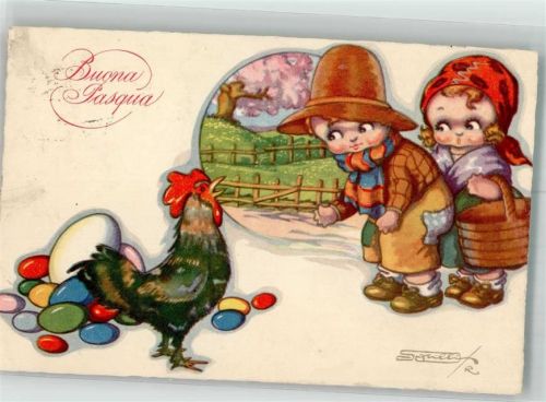 1929 Kinder Hahn Buona Pasqua sign. Sgrilli , Roberto