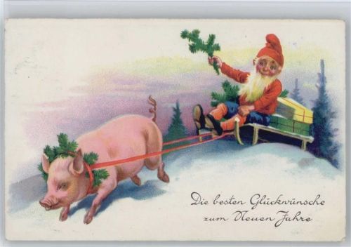 1955 Neujahr,Schwein zieht den Schlitten