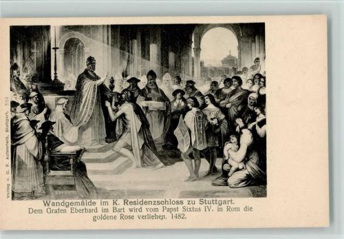 Dem Grafen Eberhard im Bart wird vom Papst Sixtus IV in Rom die goldene Rose verliehen 1482 Wandgemälde im Schloß zu Stuttgart