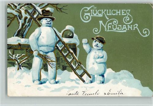 1907 Neujahr - Schneemann mit einer Leiter , Schneeball werfen AK