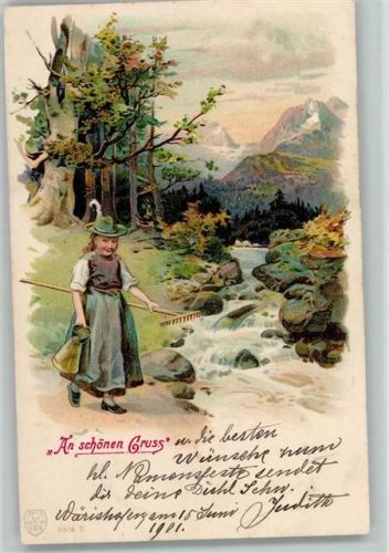 An schönen Gruss - Am Bach Wasser holen 1900 AK