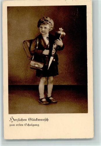 Erster Schulgang - Mädchen mit Schultüte und Brottasche 1937 AK