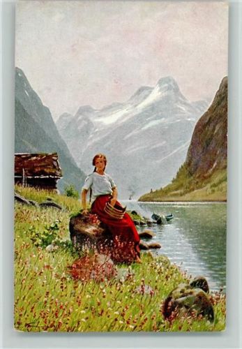 signiert - Mädchen mit langen Zöpfen sitzt am See - Kräutersammlerin