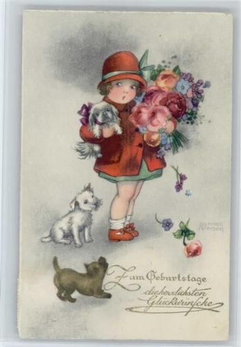 Alabaster Serie 4249 - AK Geburtstag - Mädchen mit Hunde - Blumenstrauß -