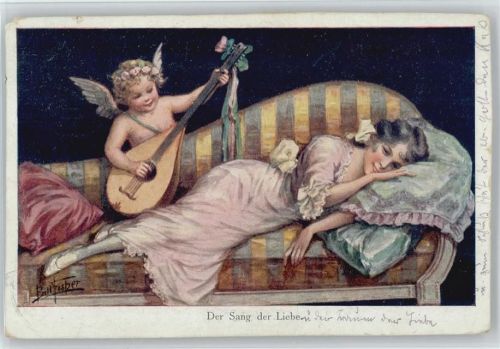 Amor Engel mit Laute - "Der Sang der Liebe" 1925 AK