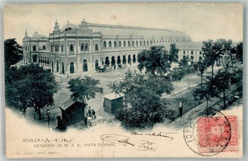 Sevilla 1903 Bahnhof Estacion de M.Z.A. Marke bildseitig