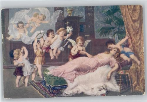 1916 sign Lefler - Hochzeitstraum - Bärenfell vor dem Bett - Amor Engel bringen den Schleier und Blumen, stecken den Ring an