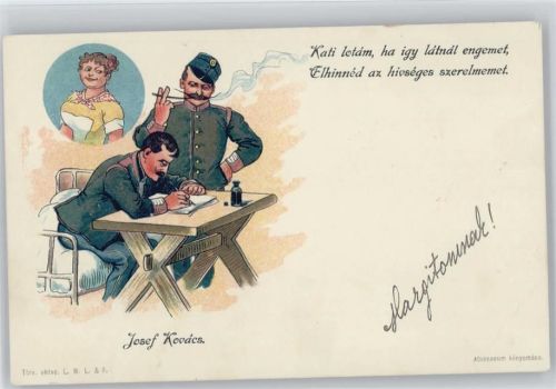 ca 1900 AK Soldat beim Schreiben in Gedanken bei seiner Liebsten - Tintenfass