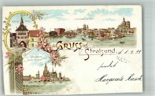 18435 O2300 Stralsund 1899 Gebrauchsspuren Lithographie Hafen Küther Tor Blick v. Bahnhof beschnitten