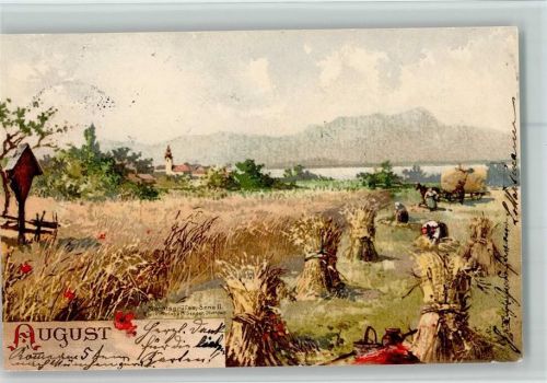 1901 August - sign Guggenberger, Monatsgrüße Serie II , Verlag Seeger AK Kleine Stempelspur - Ährenernte Landwirtschaft