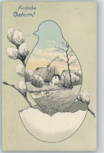 Erika Nr. 2927 Umriss von einem Küken und Ei darin ist die Landschaft mit Bauernhaus und Kätzchenzweige zu sehen