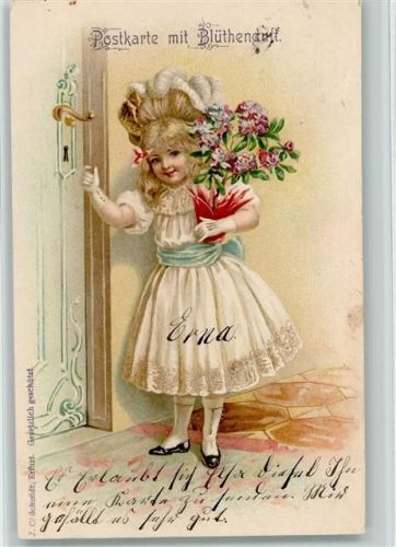 1906 Blütenduft - Glamour Mädchen mit Spitzenkleid und Hutmode, klopft an die Tür, Verlag J.C. Schmidt