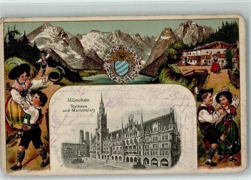 Volkstänze, Trachten - München Berg Lithographie / Prägedruck
