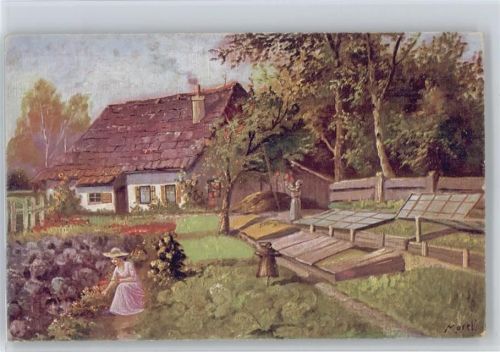 Serie 690-5 Familie mit Gewächsbeeten, Brunnen - signiert Morett