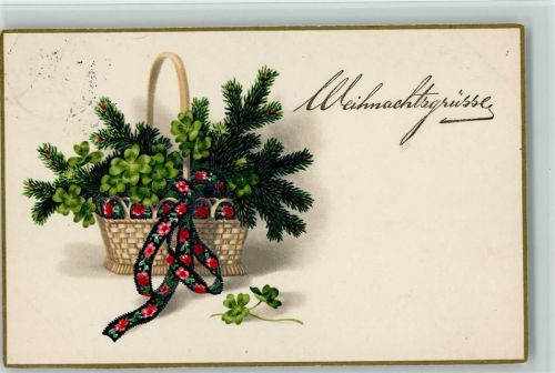Serie 2247 Weihnachten - Korb mit einer bunten Schleife, Klee und Tannenzweige